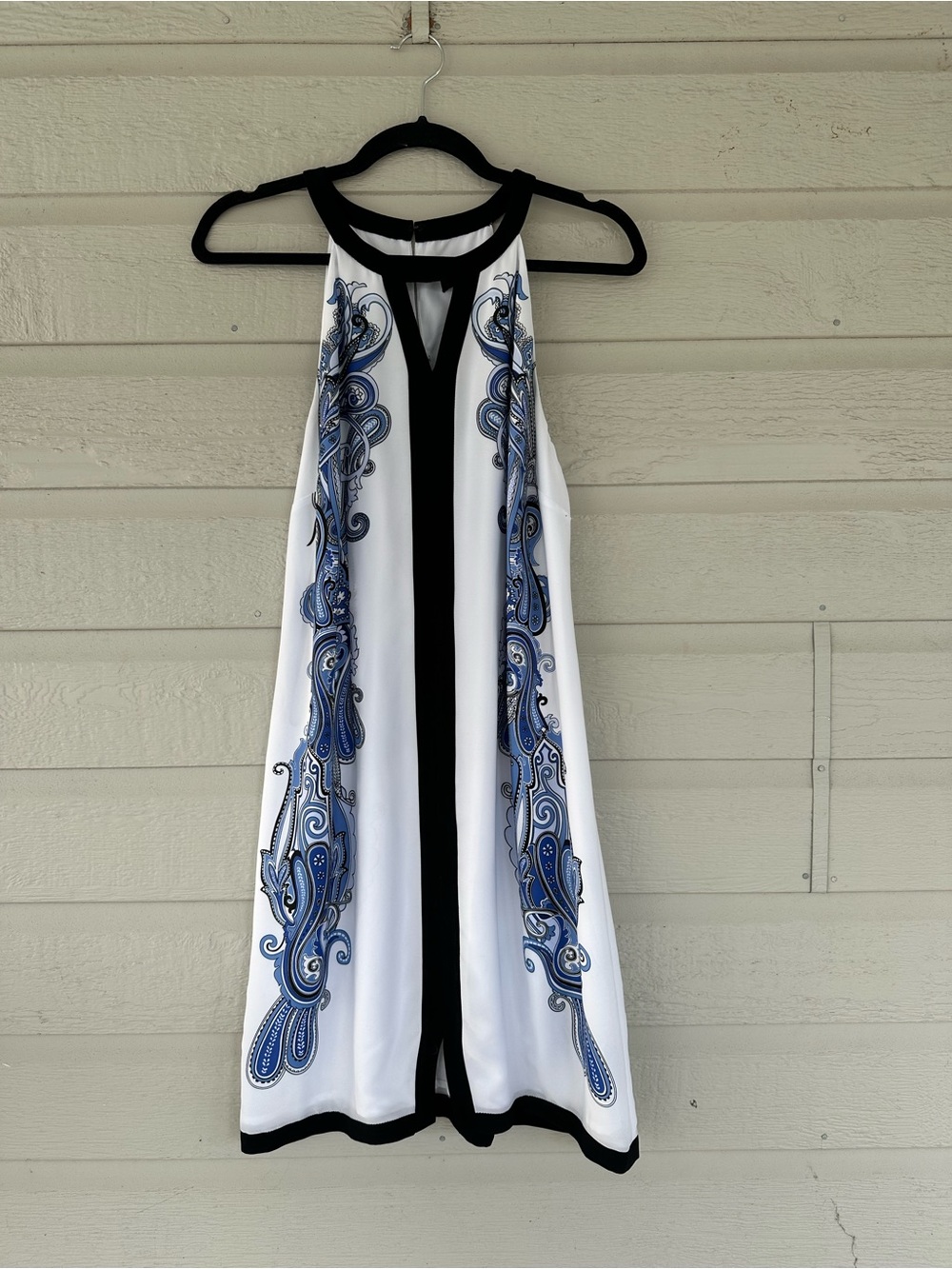 Laundry By Shelli Segal White Dress with Blue Paisley and Black Trim